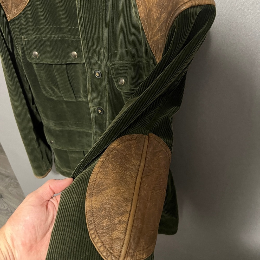 Polo Ralph Lauren Green Corduroy Hunting Jacket Leather Trim Mens XL Safari Coat - Picture 4 of 9